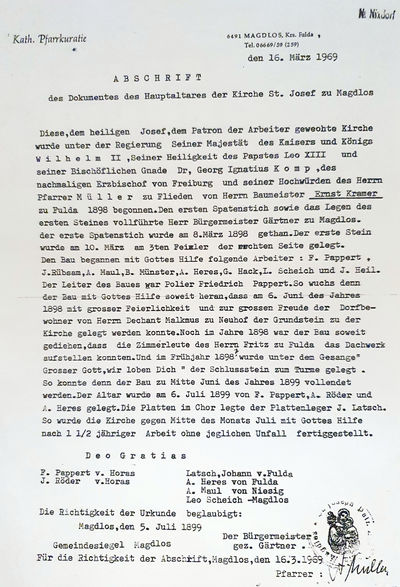 Abschrift der Urkunde des Hauptaltars der Kirche St. Josef Magdlos